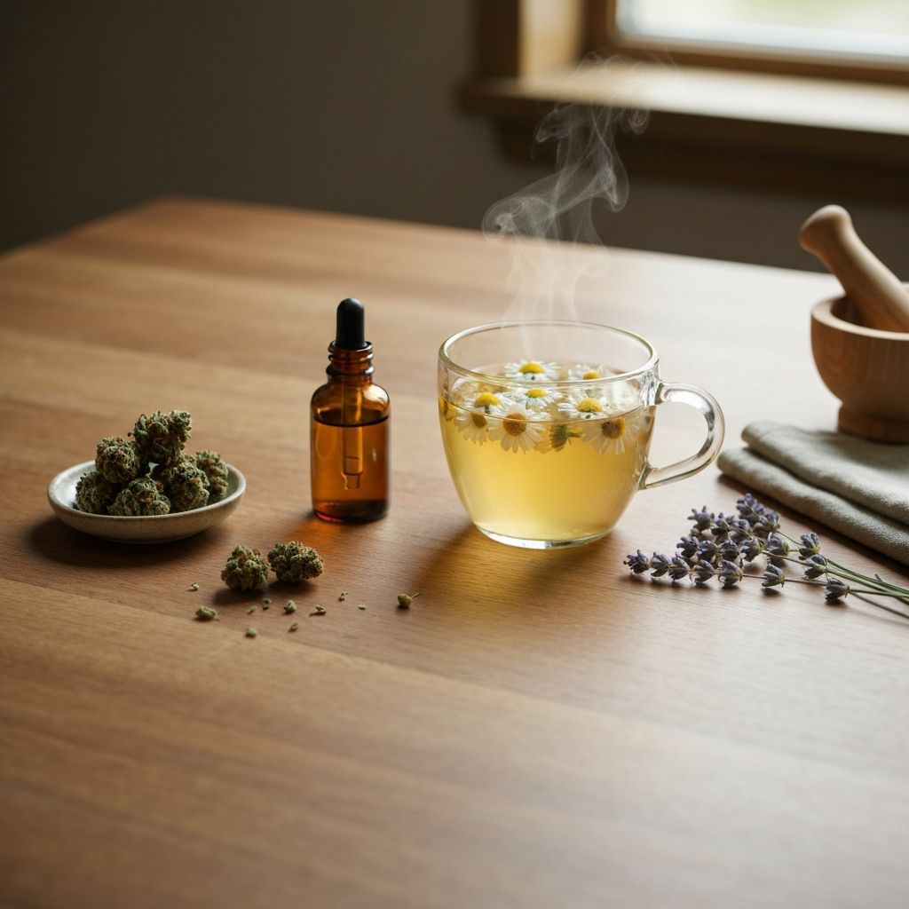 Cannabis-infused herbal tea with chamomile, dried cured flower, lavender, and amber tincture bottle on a warm wooden surface — calming wellness ritual